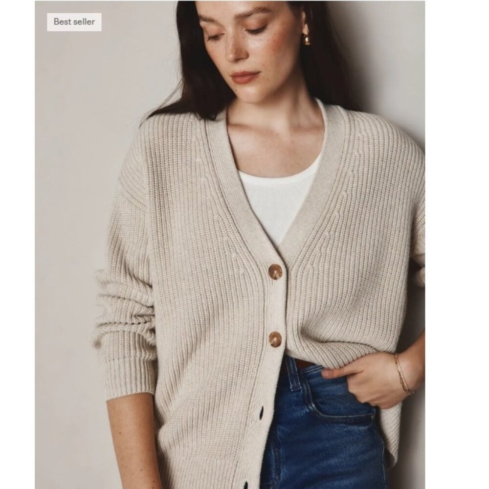 Quince Organic Cotton Oversized Boyfriend Cardigan Women's Large Speckled Beige